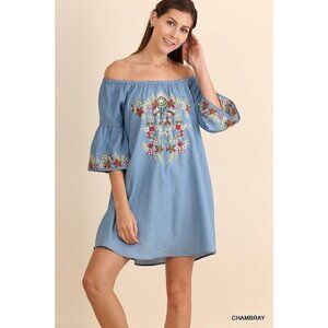 Umgee Embroidered Off the Shoulder Chambray Denim Shift Dress Bell Sleeve Sz S